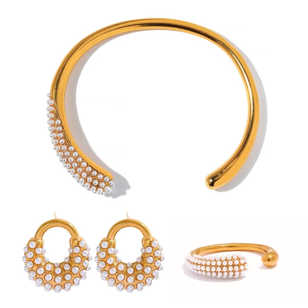 Conjunto Spike Pérola: Bracelete + Brincos + Anel (Banhados a Ouro 18K)