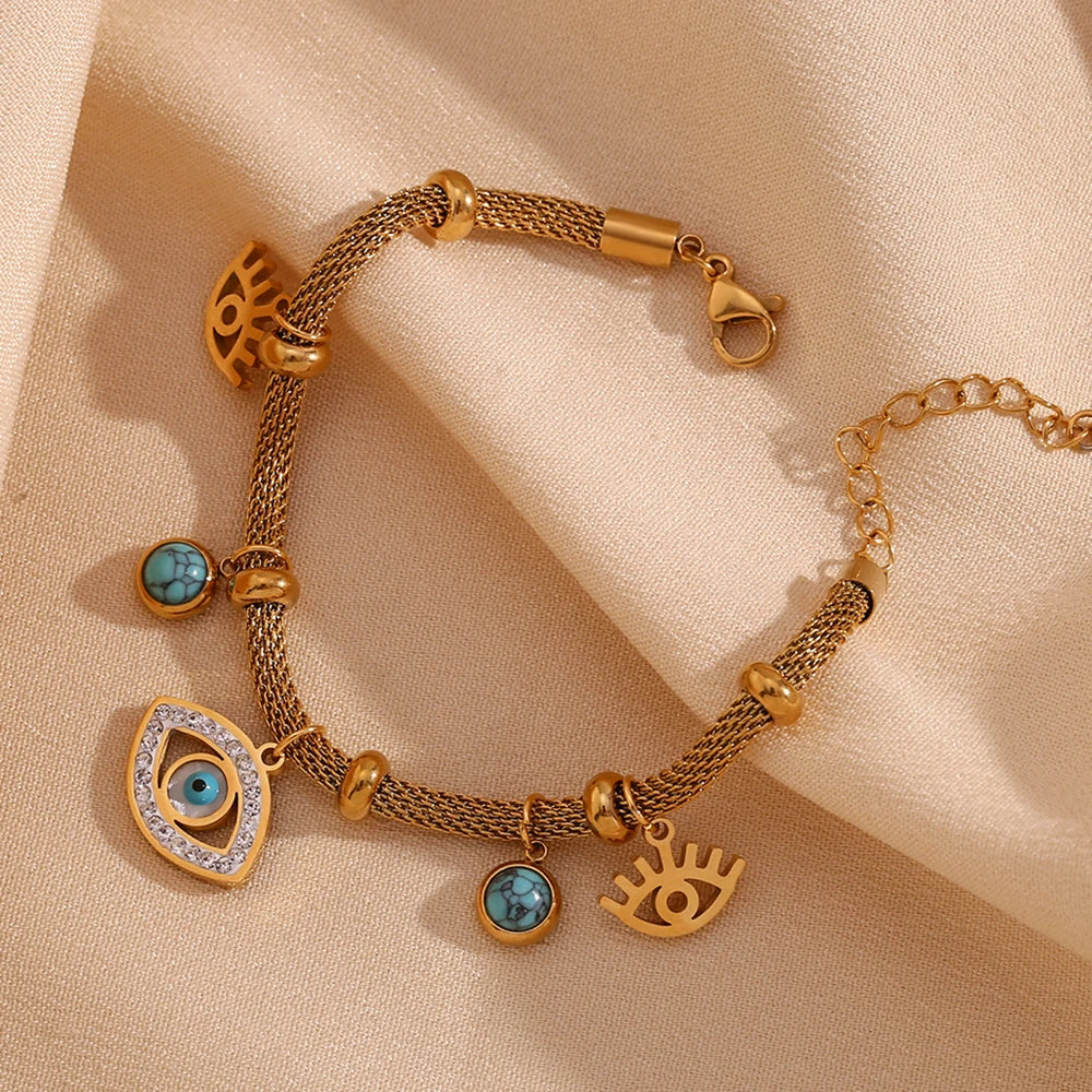 Pulseira Olho Grego com Pérola Turquesa (Banhado a Ouro 18K)