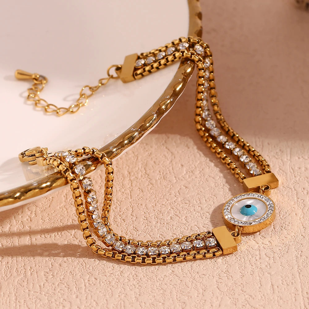 Pulseira Olho Grego Corrente Tripla Zircônia (Banhado a Ouro 18K)