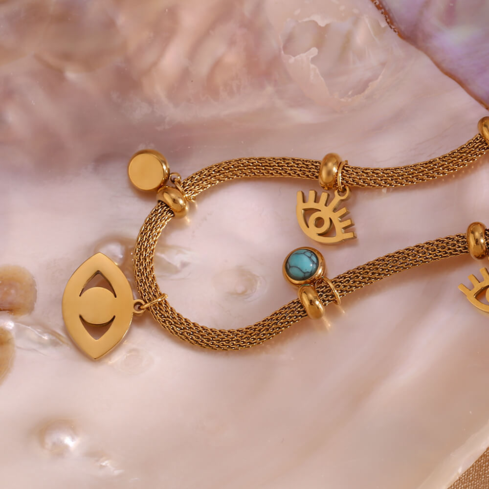Pulseira Olho Grego com Pérola Turquesa (Banhado a Ouro 18K)