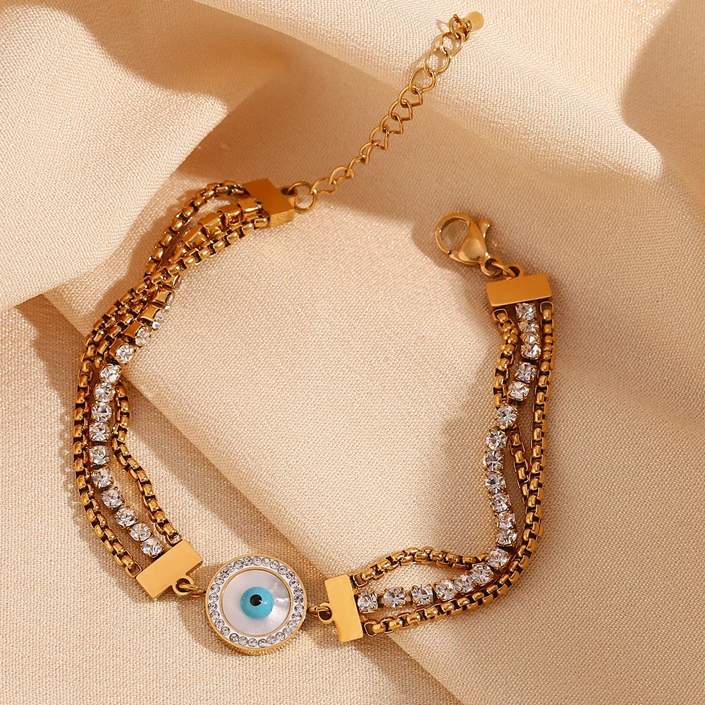 Pulseira Olho Grego Corrente Tripla Zircônia (Banhado a Ouro 18K)