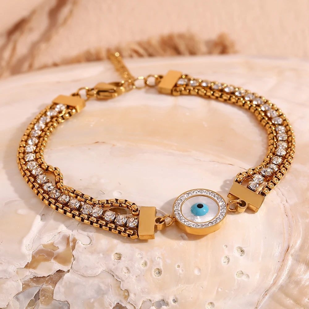 Pulseira Olho Grego Corrente Tripla Zircônia (Banhado a Ouro 18K)