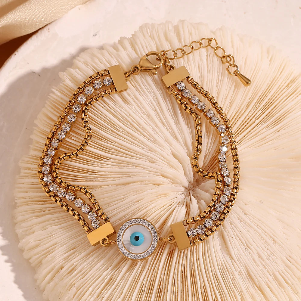 Pulseira Olho Grego Corrente Tripla Zircônia (Banhado a Ouro 18K)