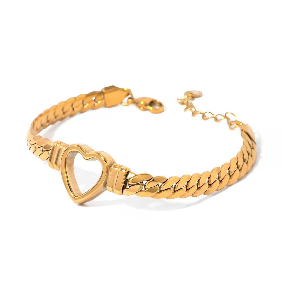Pulseira Coração com Corrente de Elos Largos (Banhado a Ouro 18K)