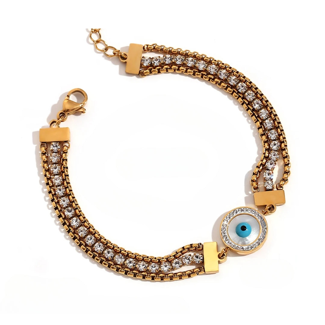 Pulseira Olho Grego Corrente Tripla Zircônia (Banhado a Ouro 18K)